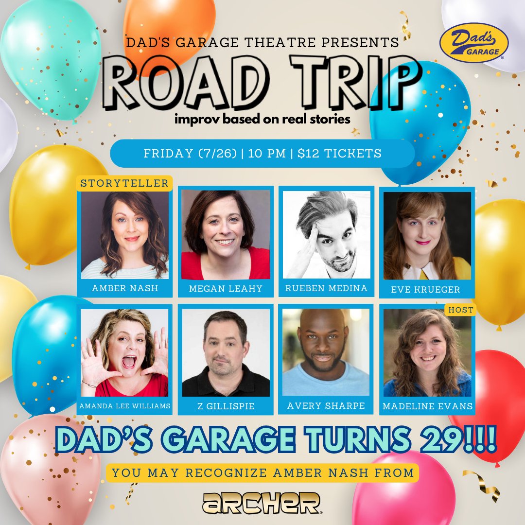 It's all about Dad's Garage all the time, but especially this weekend! Celebrate our birthday at 8 p.m. with an all-cast Improv Jam! Then, get in the car at 10:00 p.m. for our Dad's-centric Road Trip this Friday, July 26! @roadtripimprov @maddawg510
 dadsgarage.com/shows
