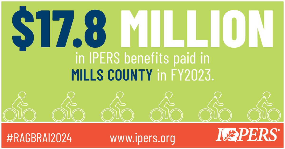 .<a href="/RAGBRAI/">RAGBRAI</a> kicks off in Glenwood today. Like RAGBRAI, IPERS benefits provide an important boost to businesses across the state. In FY2023, Mills County residents received over $17 million in IPERS benefit payments.