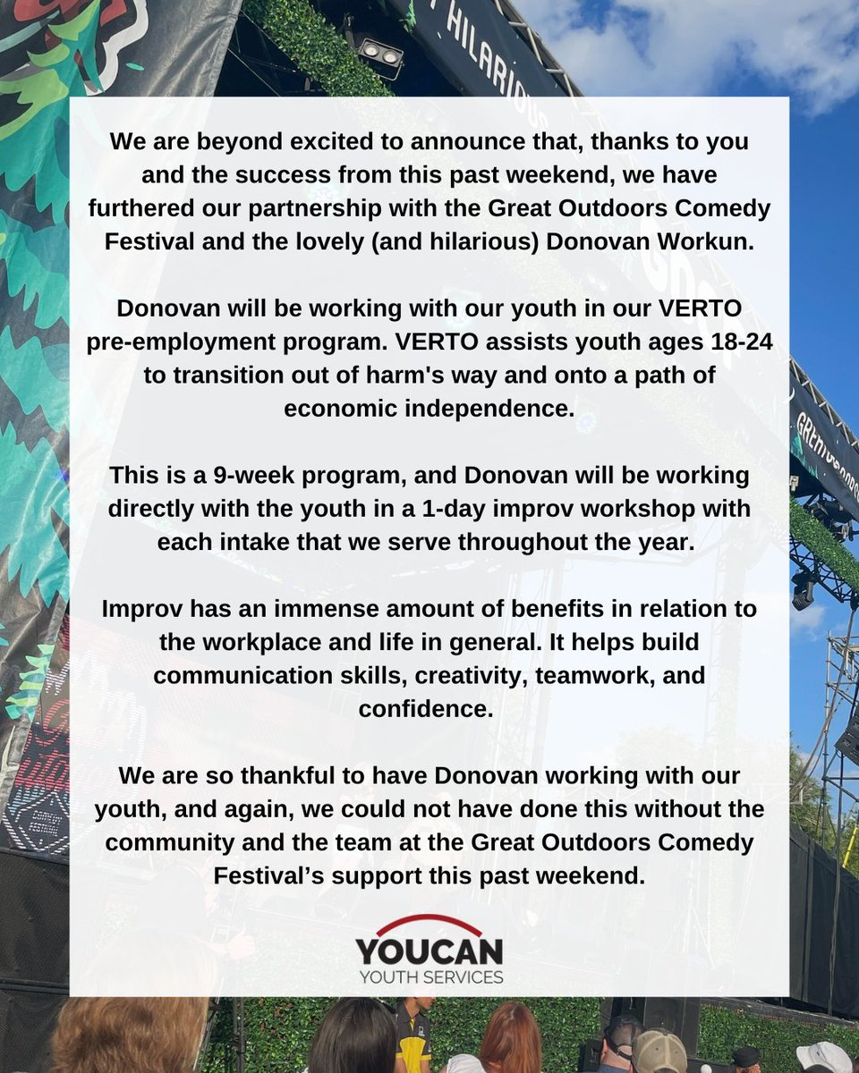 YOUCAN Youth Services (@youcanedmonton) on Twitter photo 🌟We are also excited to announce that, thanks to you & the success from this past weekend, we have furthered our partnership with the <a href="/greatoutdoorsCF/">Great Outdoors Comedy Festival</a> & the lovely (and hilarious) Donovan Workun. <a href="/AtomicImprov/">Donovan Workun</a>
Donovan will be working with our youth in our VERTO program!
#GOCF 🌟We are also excited to announce that, thanks to you & the success from this past weekend, we have furthered our partnership with the <a href="/greatoutdoorsCF/">Great Outdoors Comedy Festival</a> & the lovely (and hilarious) Donovan Workun. <a href="/AtomicImprov/">Donovan Workun</a>
Donovan will be working with our youth in our VERTO program!
#GOCF