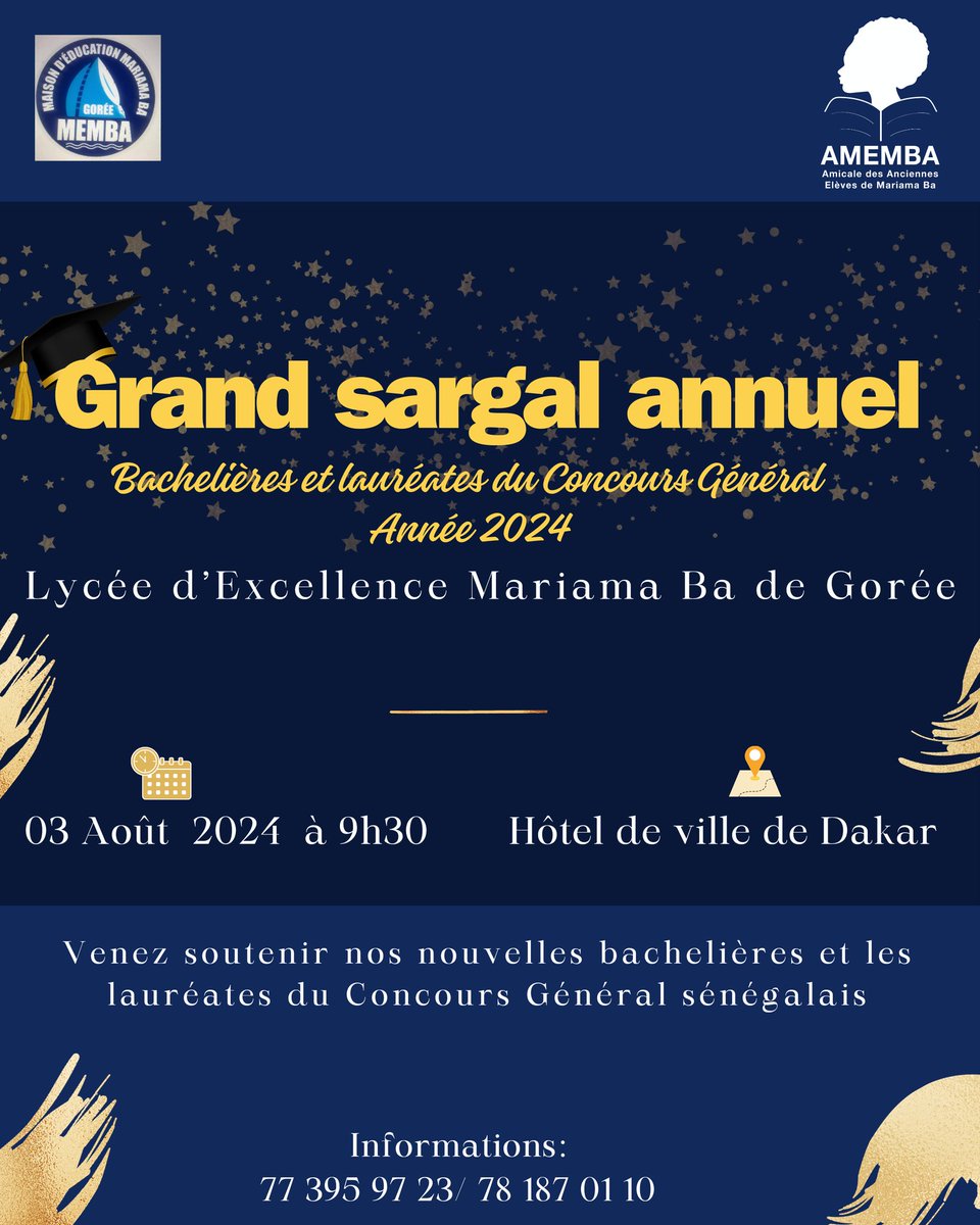 AMEMBAofficiel's tweet photo. Nos petites sœurs méritent des #félicitations pour leur belle réussite au baccalauréat avec 100 % de mentions.
Le traditionnel #Sargal des Bachelières et des #lauréates du #Concours Général sénégalais se déroula le 03 Août 2024 in Sha Allah.
#Amemba https://t.co/tCGwJSMBqZ