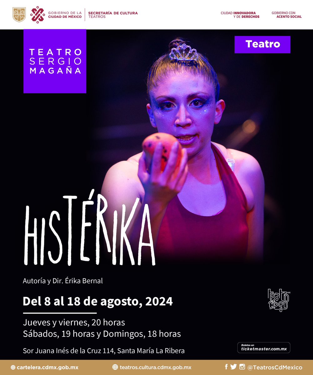 Reestrenamos HistÉrika, dramaturgia y dirección de Erika Bernal

“Se trata de un proceso de duelo puesto en escena para embellecer el dolor y sanar creando”

Teatro Sergio Magaña
del 8 al 18 de agosto
Jue y vier 20 h
Sáb 19 h | Dom 18 h

🎫 ticketmaster.com.mx/search?q=histe…