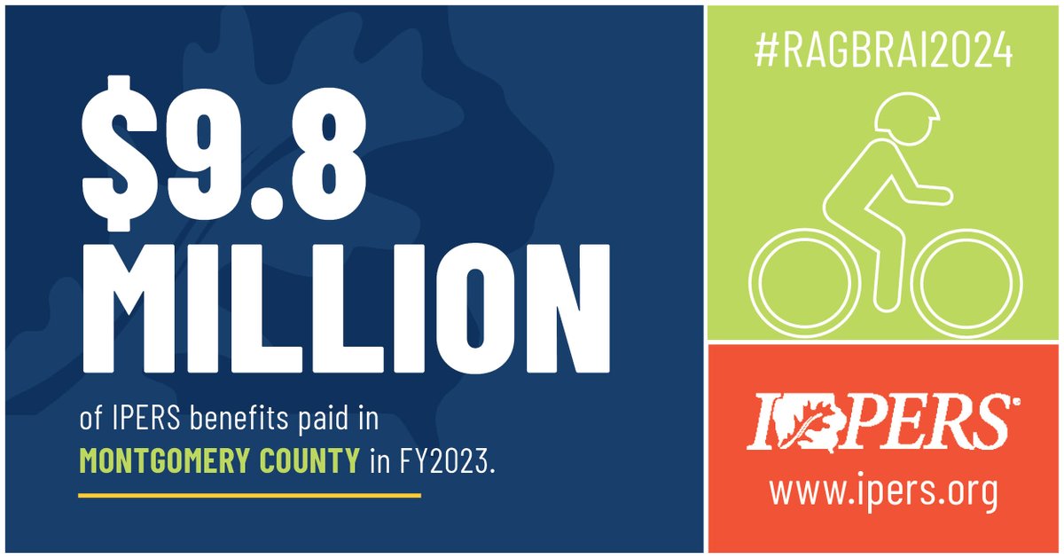 RAGBRAI stops in Red Oak today. In FY2023, Montgomery County received $9.8 million in IPERS benefit payments.