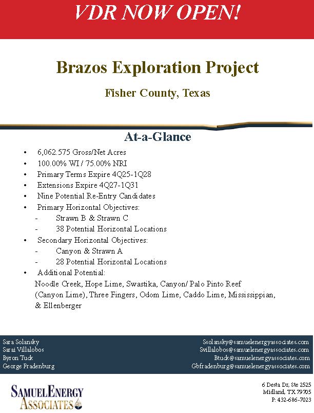 samuel_energy's tweet photo. Drilling Prospect in Fisher Co., TX

Please contact Sara Solansky at marketing@samuelenergyassociates.com if you would like access to our VDR.

Samuel Energy Associates, LLC
6 Desta Dr. Ste. 2525
Midland, TX 79705
432-686-7023

#drillbabydrill #drillingprospect #oilandgas https://t.co/Rnjsyw4nD7