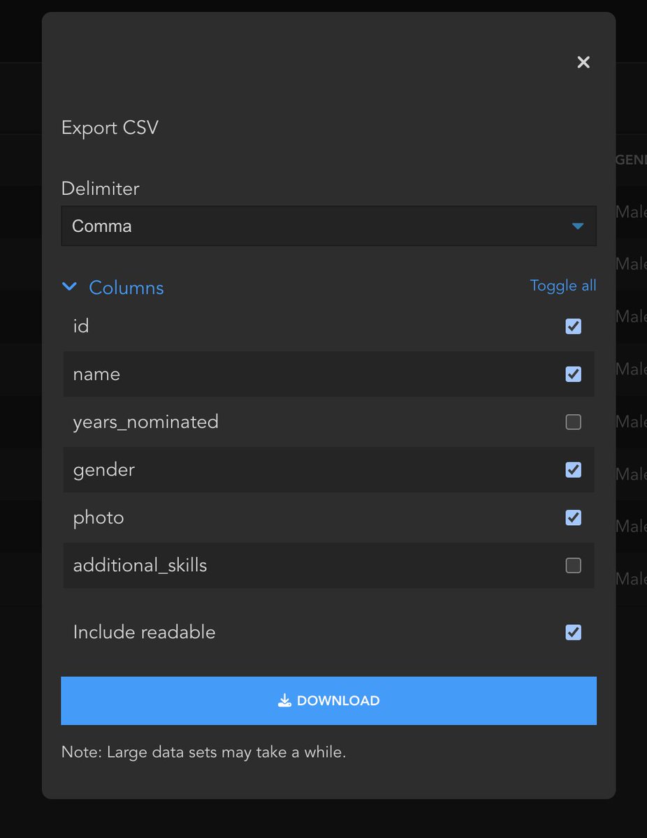 piccolo_orm's tweet photo. In the latest Piccolo Admin, some improvements were made to the download CSV functionality - you can now specify which columns you want. https://t.co/A8d7cpa8Ii https://t.co/oEZC7gndRN