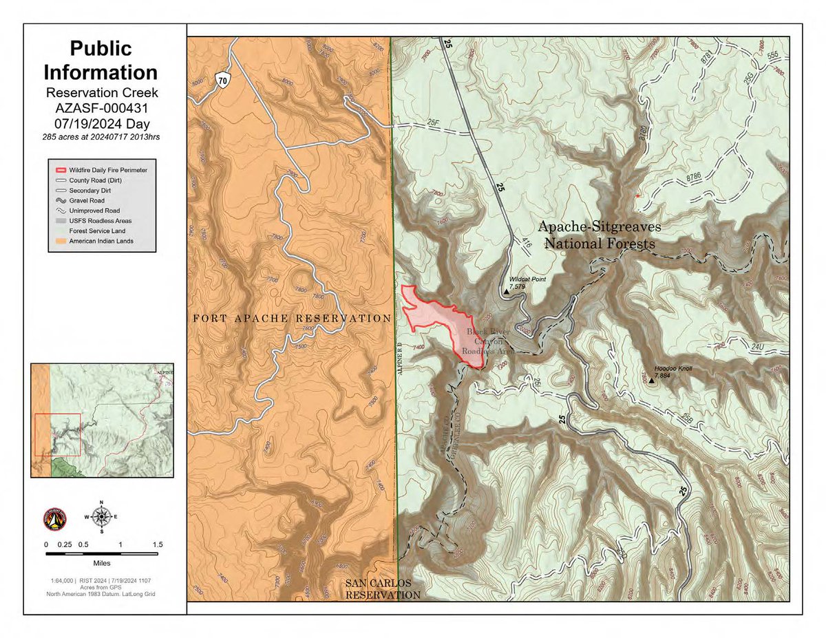 Apache-Sitgreaves National Forests
Forest Service News Release

Forest Public Affairs Specialist
 
Steve Johnson
fs.usda.gov/asnf

Reservation Creek Fire – July 19, 2024
Alpine Ranger District

*see attachments for news release and map