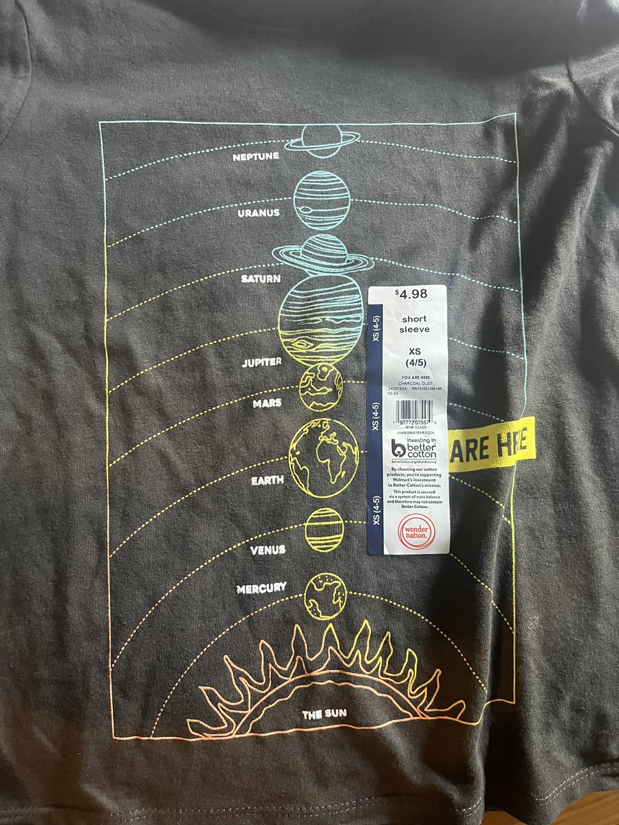 amandaapplebeee's tweet photo. Hi @Walmart , my 3 year old daughter pointed out today that the last two planets are mixed up on her new shirt! Uranus has visible rings, not Neptune. Can we get a correction and a new shirt for my sweet lil nerd?? https://t.co/5CP8hk1J4e