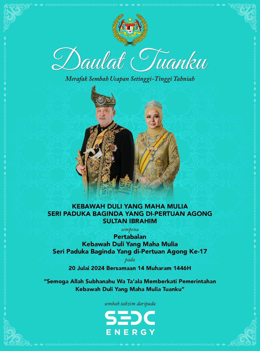 Merafak sembah ucapan setinggi-tinggi  tahniah kebawah Duli Yang Maha Mulia Seri Paduka Yang di-Pertuan Agong Sultan Ibrahim sempena pertabalan kebawah Duli Yang Maha Mulia Seri Paduka Yang di-Pertuan Agong Ke-17.  Daulat Tuanku.