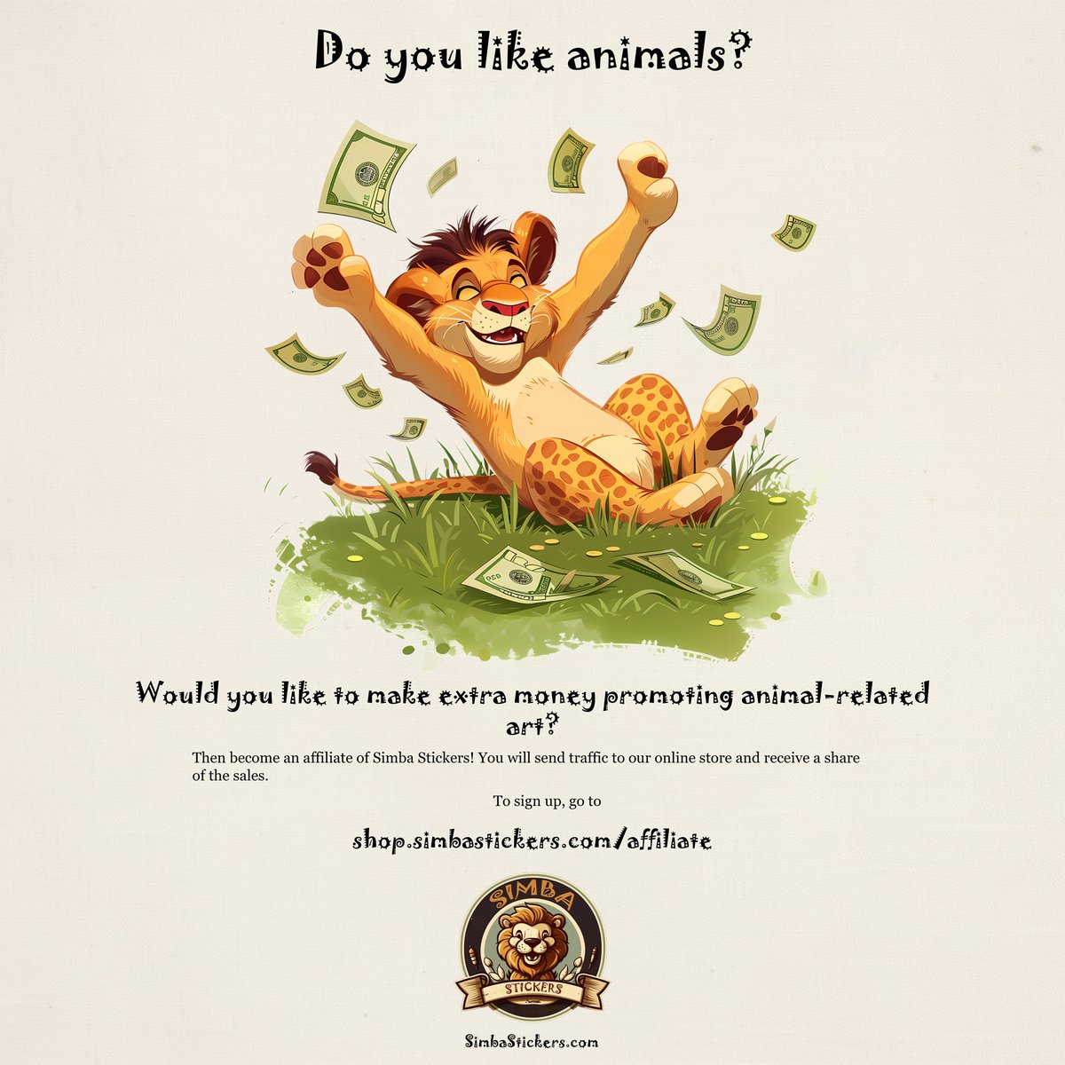 SimbaStickers's tweet image. Do you love animals?

Want to make some extra money promoting animal art?

Then become an affiliate of Simba Stickers!

To sign up, go to shop.simbastickers.com/u/affiliate!

#simbastickers #affiliate #affiliateProgramme #extramoney #easymoney #easyextramoney #animalLover #loveAnimals