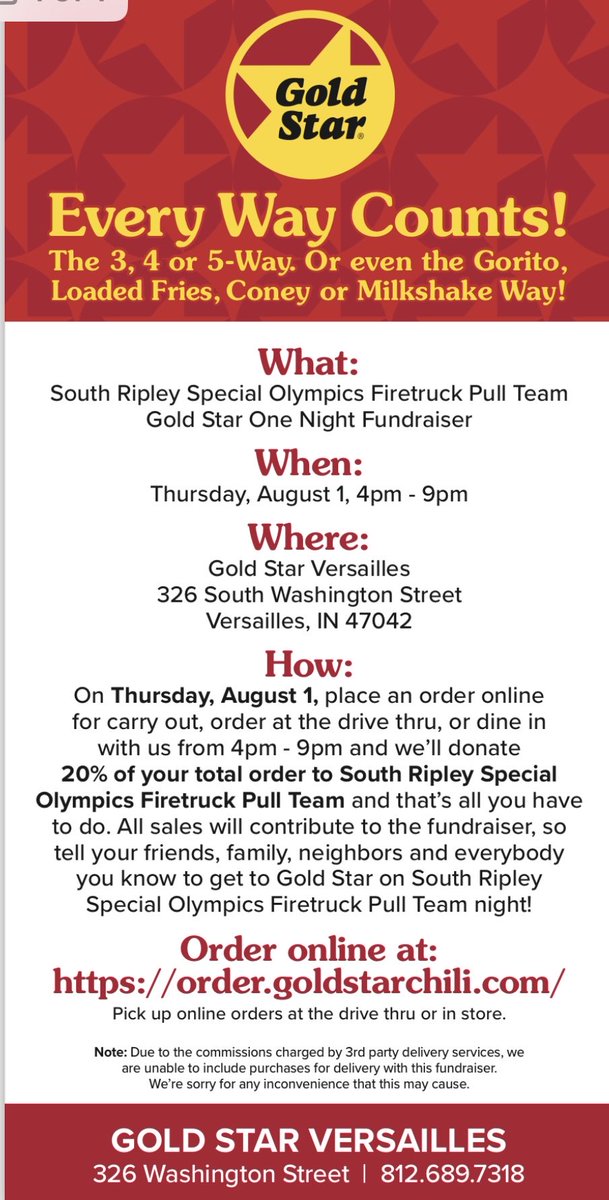 Gold Star night for the South Ripley Fire Truck Pull Team is Thursday, August 1. Information in picture. All money goes to Special Olympics Ripley Ohio Dearborn Counties. Thanks for helping us help SO! Thanks Gold Star!!!!