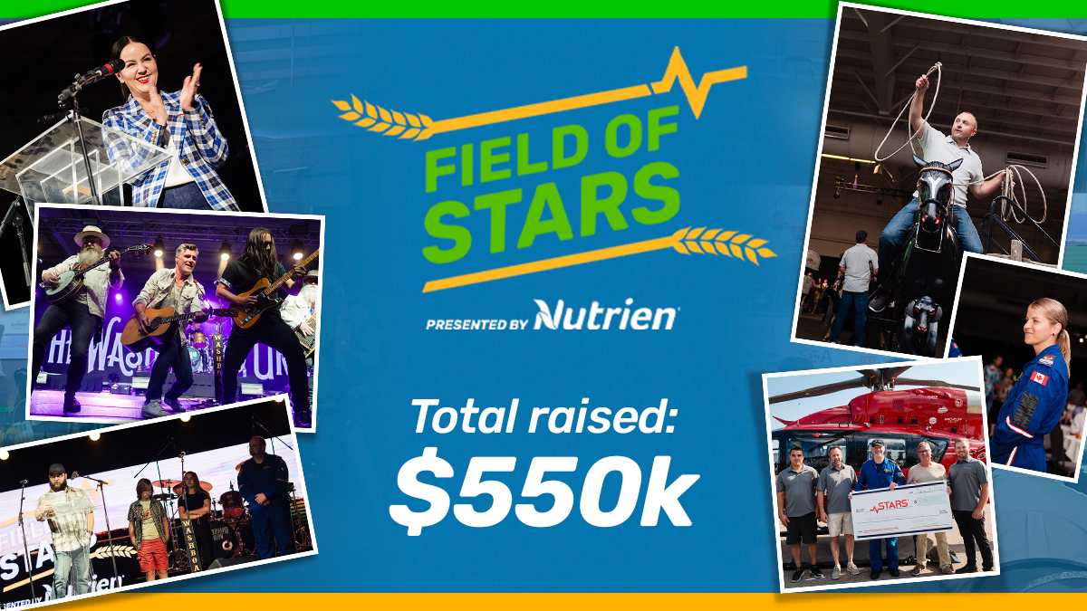 STARSambulance's tweet photo. That's a wrap for the 7th annual #FieldofSTARS, presented by @NutrienLTD!

With the auction now closed, the total is a record-breaking $550k! 🎉🎉

We are so grateful for the ag community. The funds raised will further our mission to deliver critical care, anywhere across SK. https://t.co/X7qEIA421b