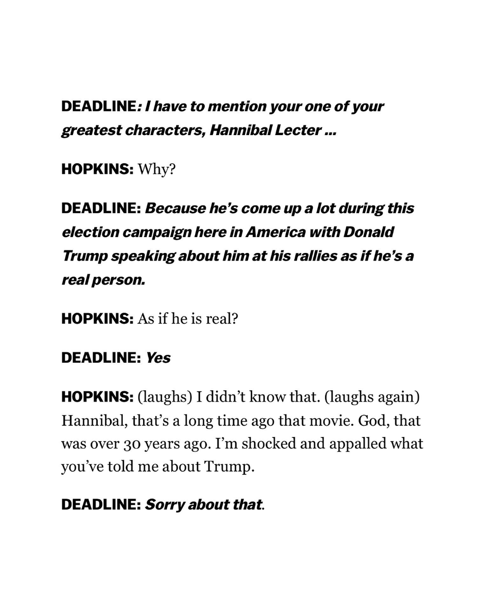 HQNewsNow's tweet photo. Anthony Hopkins responds to Trump repeatedly praising cannibal serial killer Hannibal Lecter, who is not real https://t.co/j281HgdCKx