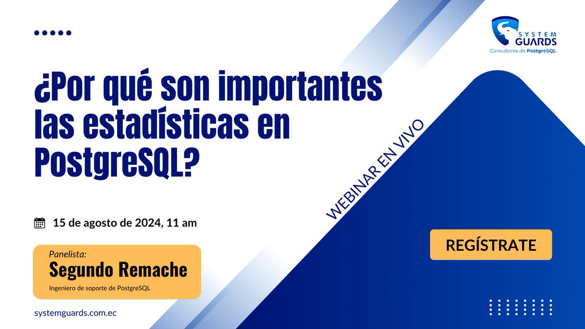 systemguards's tweet photo. 🎓 Mejora la eficiencia de tus aplicaciones utilizando las estadísticas en PostgreSQL. Únete a nuestro webinar gratuito y descubre cómo tomar decisiones informadas gracias a esta poderosa herramienta. ¡Regístrate ya! 👉 https://t.co/eBkcFs2mfY #PostgreSQL #SYSTEMGUARDS #Webinar https://t.co/MqzvLH8ola
