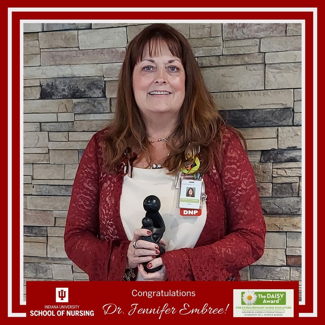 IUnursing's tweet photo. Congratulations to Jennifer Embree, DNP, RN, NE-BC, CCNS, FAAN, Chief Wellness Officer and clinical professor at #IUSON in Indianapolis, for receiving The DAISY Award for Extraordinary Nurse Educators (MSN program) in Fall 2023. Read her nomination here: https://t.co/JnUwl22nVO https://t.co/HzKoVhjC2t