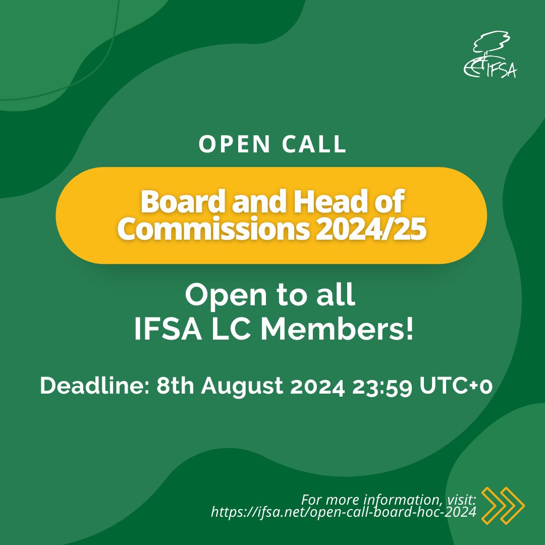 IFSAdotnet's tweet photo. We’re excited to announce an Open Call for Board members and Heads of Commission for the 2024/2025 term. 

apply by August 8, 2024, at 23:59 UTC+0. For more details about this amazing opportunity, check out the link! 

https://t.co/j9U3eID3Na

#IFSAdotnet https://t.co/CziQnBfcs9