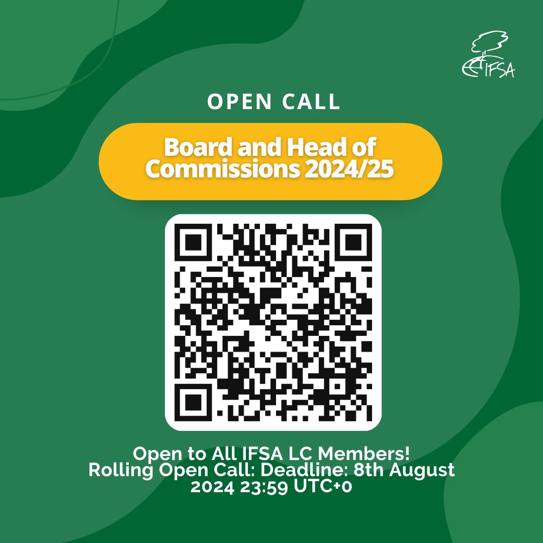 IFSAdotnet's tweet photo. We’re excited to announce an Open Call for Board members and Heads of Commission for the 2024/2025 term. 

apply by August 8, 2024, at 23:59 UTC+0. For more details about this amazing opportunity, check out the link! 

https://t.co/j9U3eID3Na

#IFSAdotnet https://t.co/CziQnBfcs9