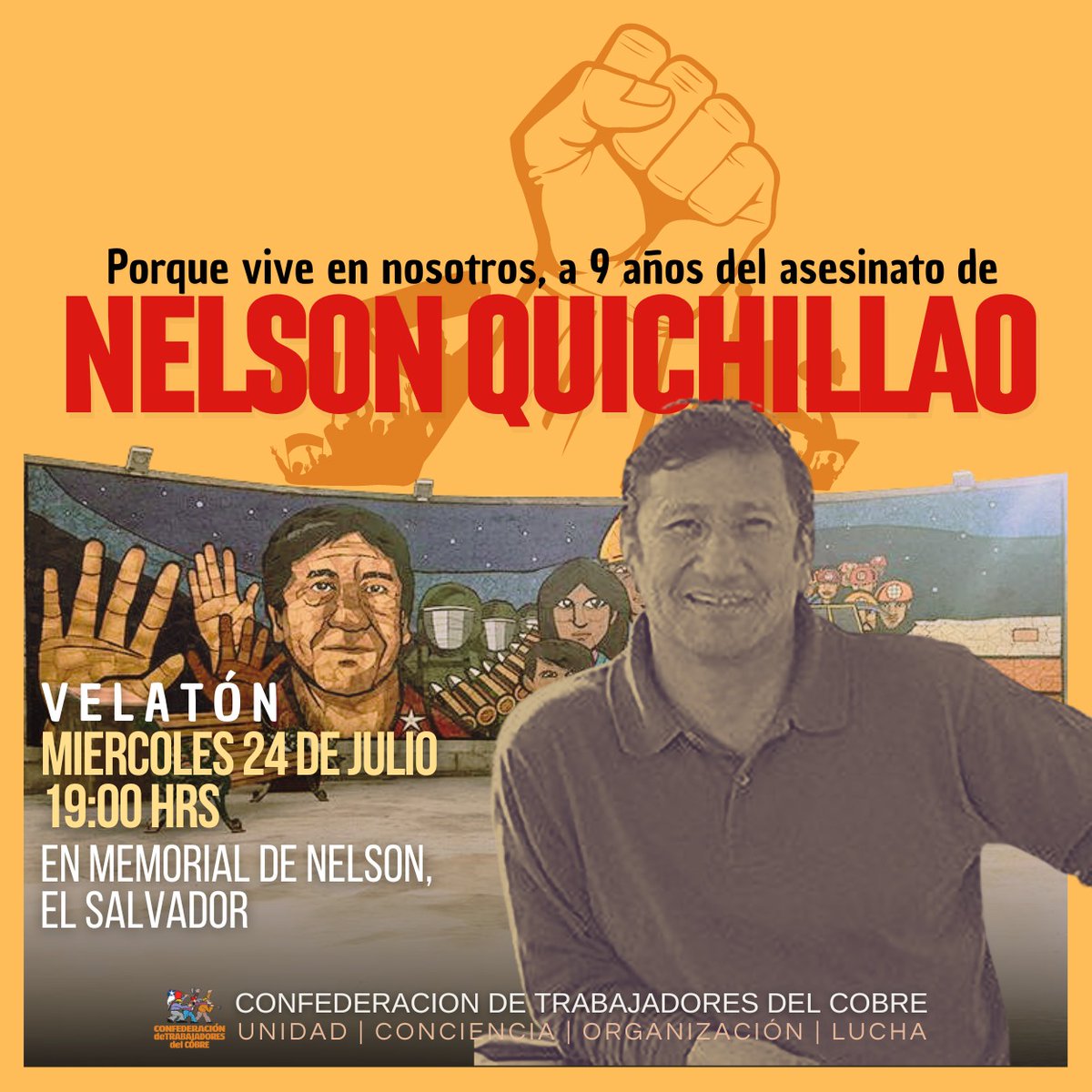 🔥 El miércoles 24 de julio conmemoramos a #NelsonQuichillao. A nueve años de su asesinato, a manos de fuerzas represivas del Estado 🇨🇱, realizaremos una velatón en su memorial ubicado en el campamento minero de #ElSalvador. No olvidamos, #NelsonEnLaMemoria ✊🏽