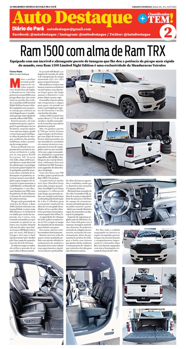 AutoDestaque's tweet photo. Mundurucus Veículos tunou Ram 1500 Limited pra deixá-la quase como Ram TRX. Matéria do caderno Auto Destaque do Diário do Pará de 20&amp;21/07/2024. #AutoDestaque #MundurucusVeículos #Ram #Ram1500 #Ram1500Limited #tuning #Ram1500LimitedNightEdition #Ram1500TRX #customização #tunagem https://t.co/aCxAIB3xiw