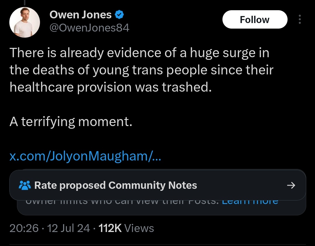 WillyWoofter's tweet photo. Owen Jones should be immediately sacked for promoting these false ideas. It's not an opinion or view, it's using a fake deaths of children he's made up to abuse children, parents, trans people and promote himself 

The @guardian needs to deal with this abhorrent creature https://t.co/Gw0RoN90WA