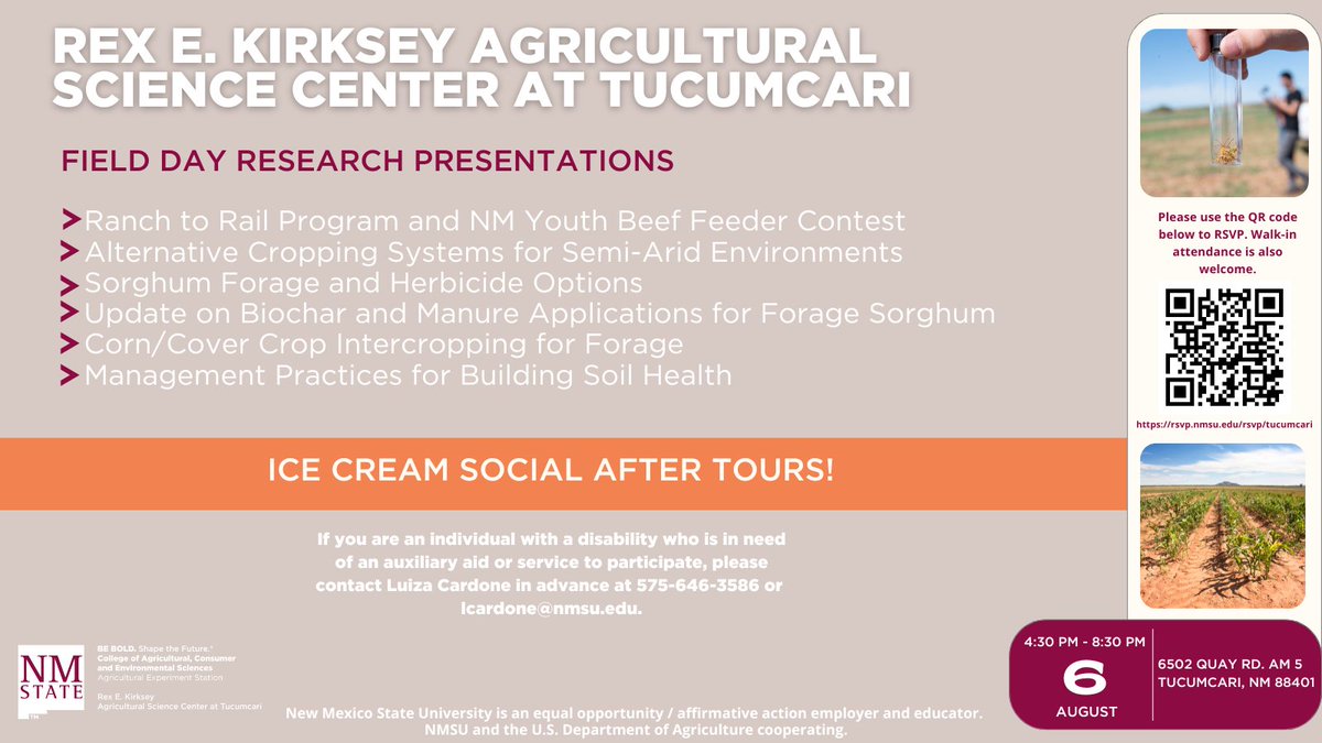 Join us for the Rex E. Kirksey Agricultural Science Center at Tucumcari Field Day on August 6th starting at 4:30 pm. Field Day presentation tours will talk about the current research at the Center. Ice cream social to follow. #AES #nmsu #fieldday #Agriculture