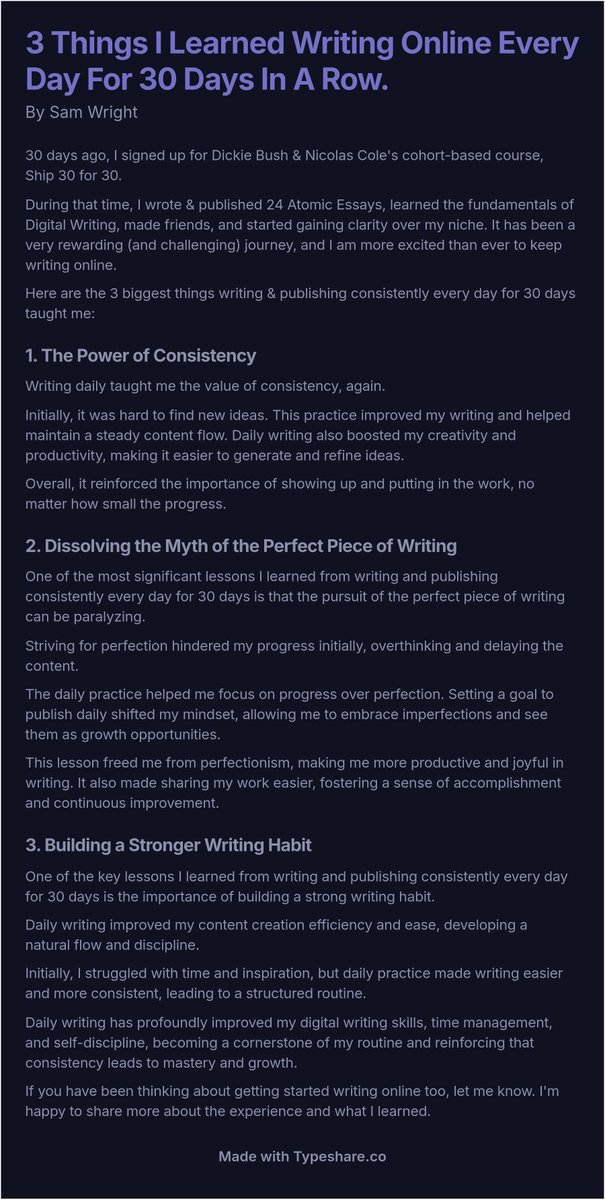 SamWrighttttt's tweet photo. 3 Things I Learned Writing Online Every Day For 30 Days In A Row. https://t.co/3CKgYSaKbt