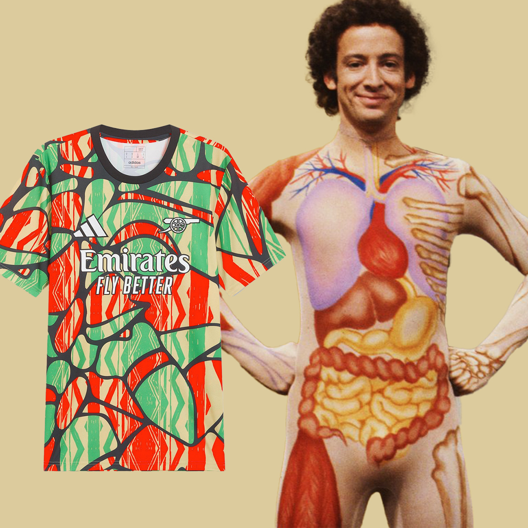 seanthecreative's tweet photo. The latest Arsenal training jersey is giving me psychedelic Slim Goodbody vibes https://t.co/N4aCh30D8k