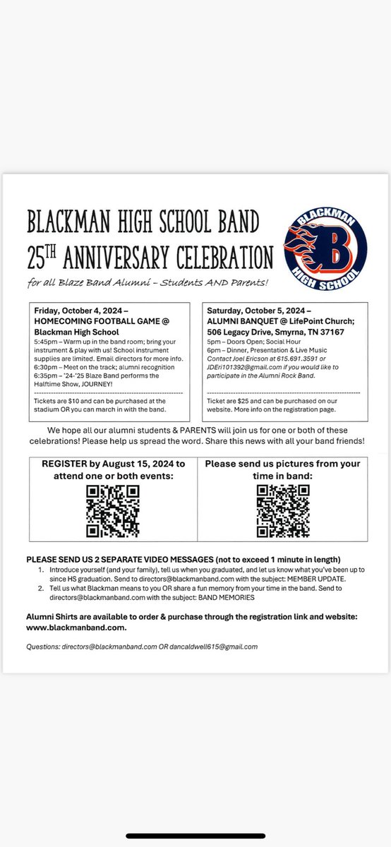 Blackman Band 25th Anniversary Alumni Reunion - Help spread the word! Go Blaze!