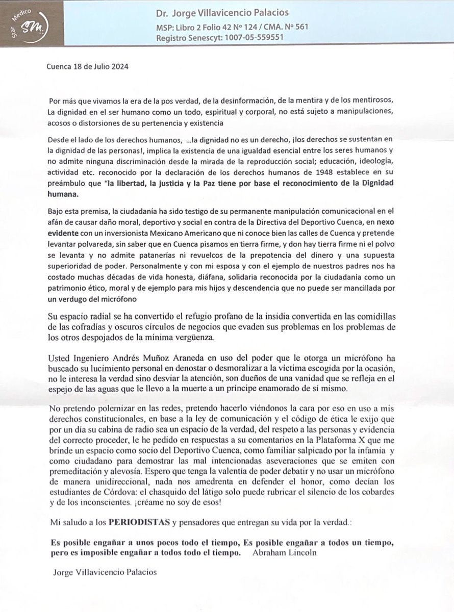 andresmunoza's tweet photo. Mi actividad en el mundo de la comunicación es 100% transparente.

En consecuencia, hago pública la carta que recibí por parte del señor @jorvipal, así como la respuesta enviada.

No estoy dispuesto a permitir que NADIE manche mi reputación, sembrando narrativas FALSAS. https://t.co/TB0d6XERvu