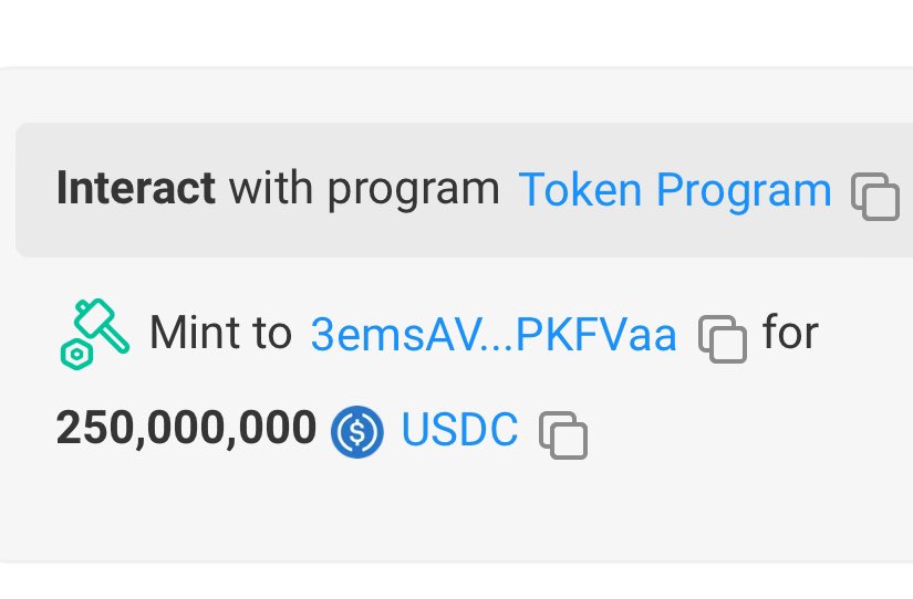 BREAKING: 250M $USDC MINTED AT $USDC TREASURY ON SOLANA