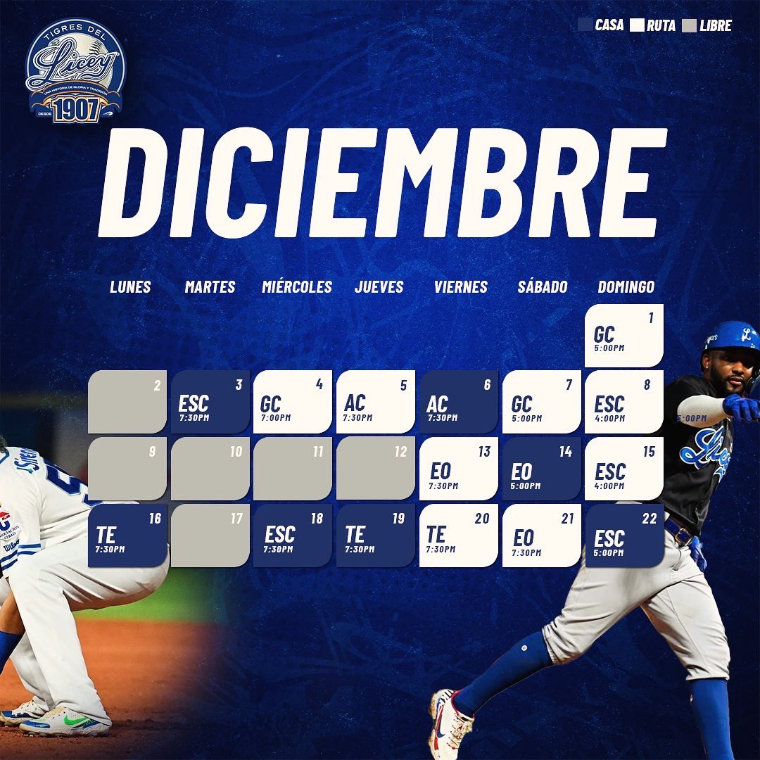 TigresdelLicey's tweet photo. ¡CALENDARIO OFICIAL DE LOS BICAMPEONES 2024-2025! 🏆💙

Te esperamos este próximo 16 de Octubre en el Coloso del Ensanche La Fe para recibir a LOS REYES DEL CARIBE y BICAMPEONES NACIONALES. 😎🙌🏼👑

¡REGRESA EL MEJOR, REGRESA EL GLORIOSO! 🏆🐯 https://t.co/G5g4hCJsqH