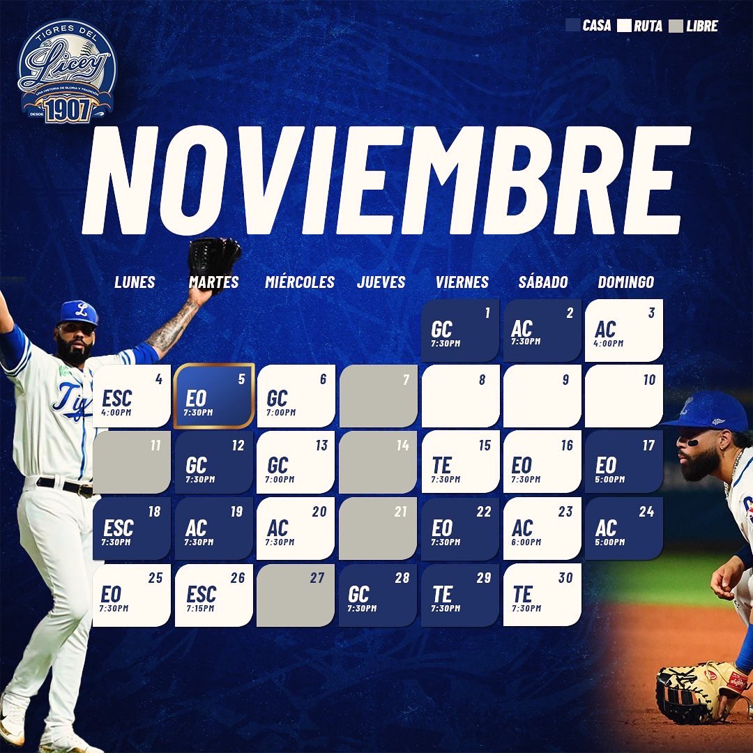 TigresdelLicey's tweet photo. ¡CALENDARIO OFICIAL DE LOS BICAMPEONES 2024-2025! 🏆💙

Te esperamos este próximo 16 de Octubre en el Coloso del Ensanche La Fe para recibir a LOS REYES DEL CARIBE y BICAMPEONES NACIONALES. 😎🙌🏼👑

¡REGRESA EL MEJOR, REGRESA EL GLORIOSO! 🏆🐯 https://t.co/G5g4hCJsqH