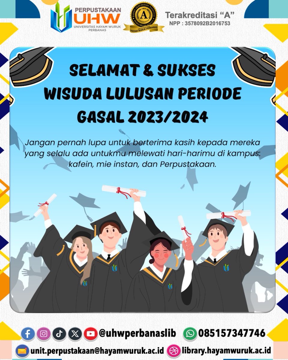 uhwperbanaslib's tweet photo. #wisuda #literasi #buku #library #perpustakaandigital #indonesia #perpustakaannasional #pustakawan #salamliterasi #ebook #ayomembaca #membaca #pustakabergerak #perpus #bookstagram #bukuonline #ayokeperpustakaan #baca #UniversitasHayamWurukPerbanas https://t.co/dKOptBnV91