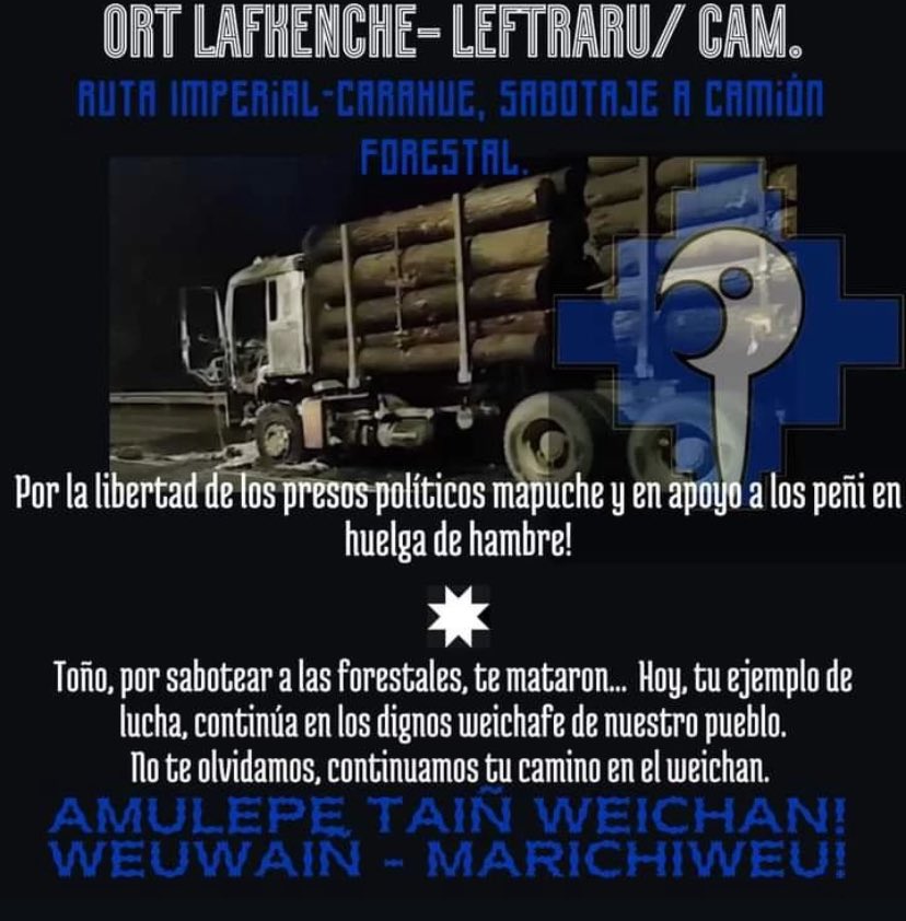 La coordinadora Arauco Malleco se adjudicó un ataque incendiario que afectó a un camión en la ruta que une imperial con Carahue,  este el segundo ataque adjudicado por la CAM durante este mes