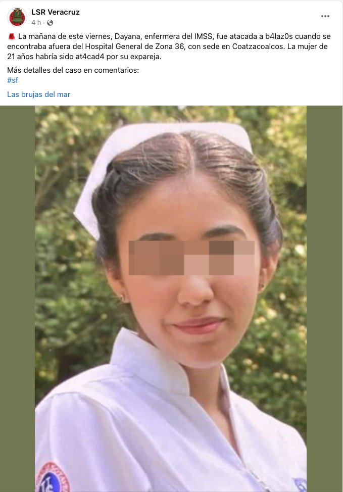 ReporteMxNotic1's tweet photo. La mañana del viernes 19 de julio, Dayana, enfermera del IMSS, fue atacada a balazos cuando se encontraba afuera del Hospital General de Zona 36, con sede en Coatzacoalcos.
#NiUnaMás #NiUnaMenos @FGE_Veracruz @FGRMexico @SSPCMexico https://t.co/IjFBkOgTGR https://t.co/fFiOISKo0x