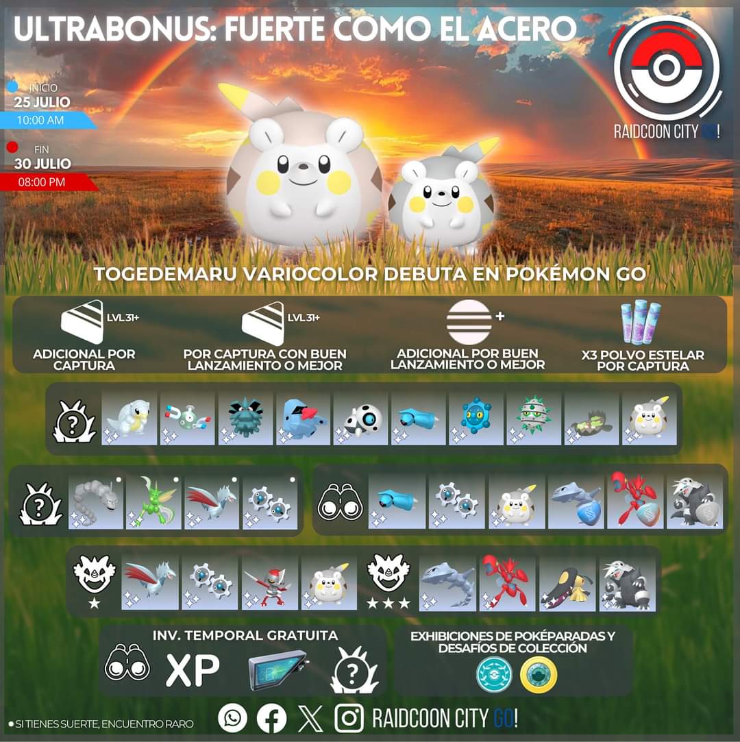 RaidCoonCityGo's tweet photo. ¡#Togedemaru variocolor debuta de forma enérgica en #Ultrabonus: *Fuerte como el acero*! 💥
📆 25 - 30 de julio
⏱️ 10 - 20 hrs
¡No te pierdas los Bonus y la oportunidad de encontrarte con los Pokémon temáticos del evento! ✨ https://t.co/ju7HlhCrQx