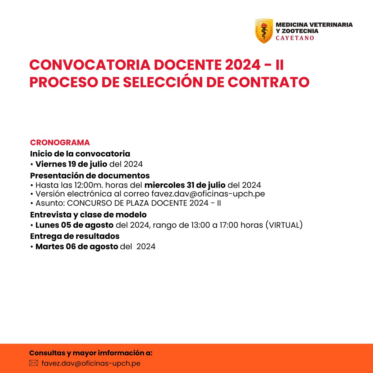 favez_upch's tweet photo. 📌La Facultad de Medicina Veterinaria y Zootecnia de la Universidad Peruana Cayetano Heredia, hace de conocimiento público la convocatoria del proceso de selección de contrato docente 2024-II.
Cualquier duda, pueden comunicarse al correo:
📧 favez.dav@oficinas-upch.pe https://t.co/t94z4ATft0