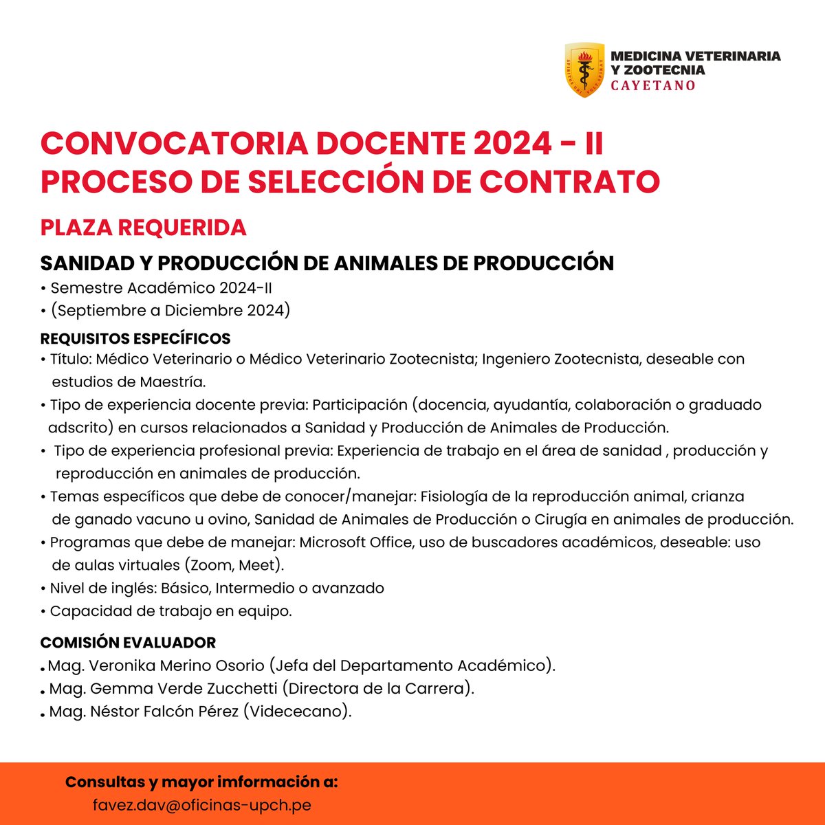 favez_upch's tweet photo. 📌La Facultad de Medicina Veterinaria y Zootecnia de la Universidad Peruana Cayetano Heredia, hace de conocimiento público la convocatoria del proceso de selección de contrato docente 2024-II.
Cualquier duda, pueden comunicarse al correo:
📧 favez.dav@oficinas-upch.pe https://t.co/t94z4ATft0