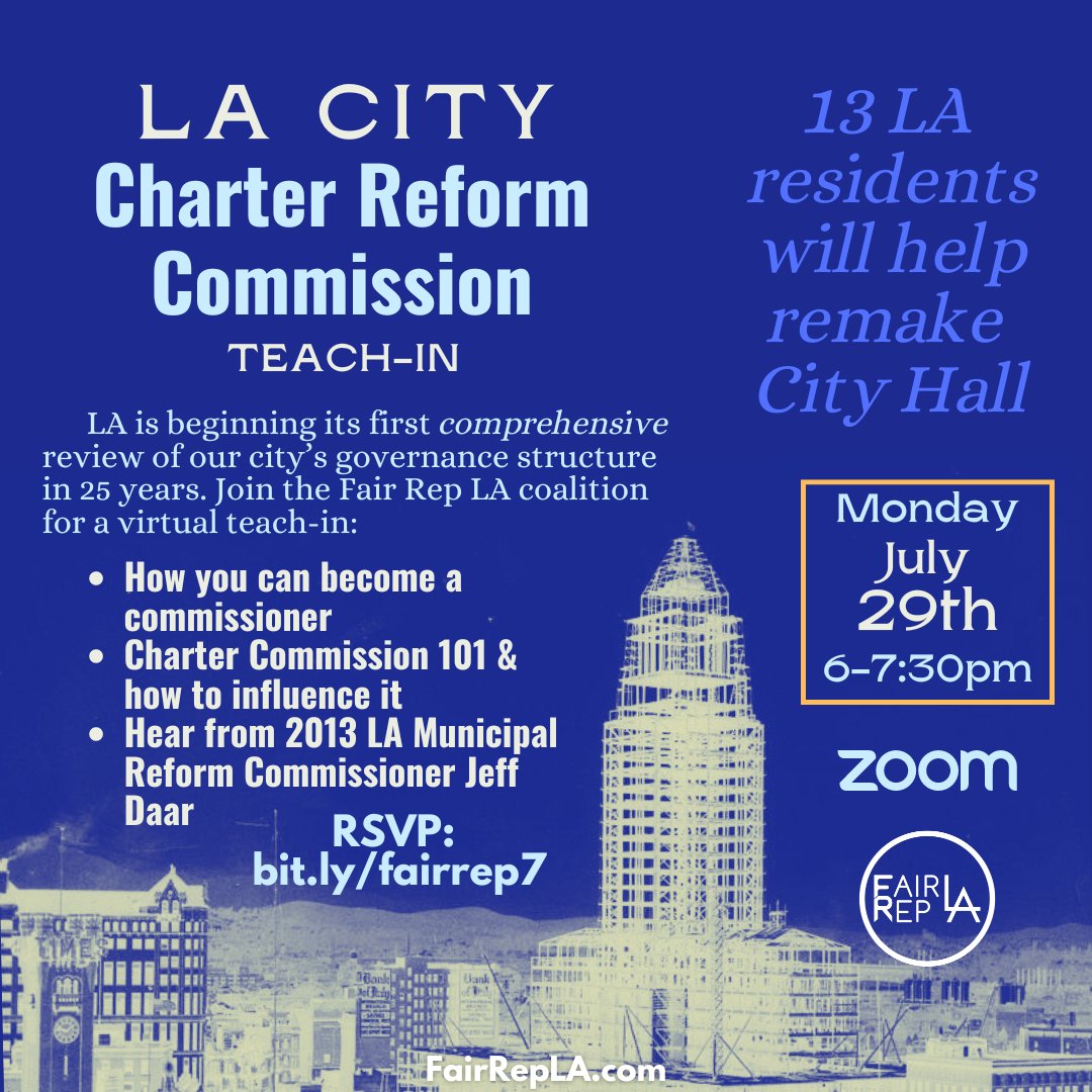 FairRepLA's tweet image. Join us for a virtual teach-in on everything you need to know about the newly created LA City Charter Reform Commission that will be making recommendations to LA City Council on what reforms should be advanced to the 2026 ballot.

RSVP: bit.ly/fairrep7