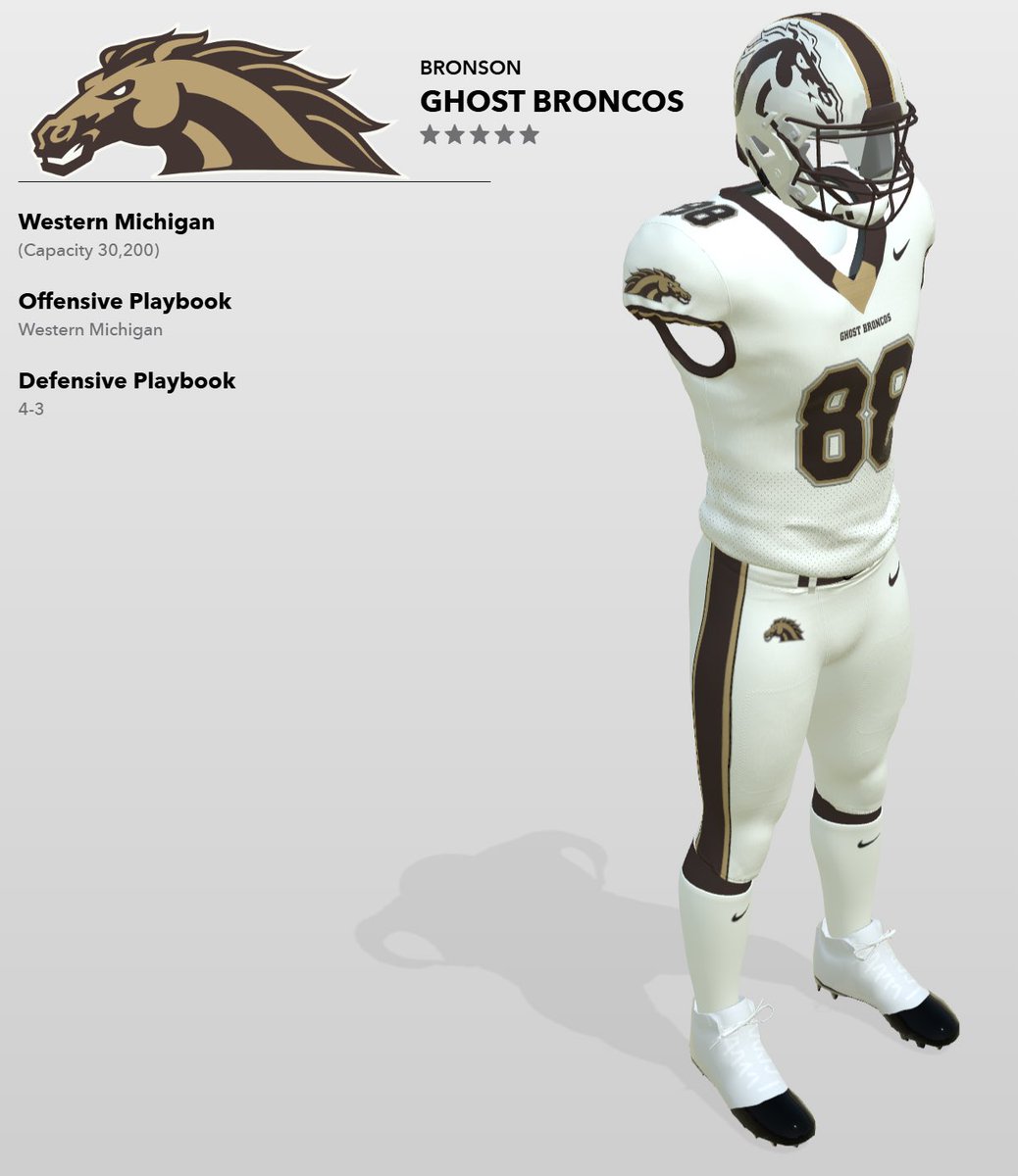 WMUGhostBronco's tweet image. Ever wonder what @WMU_Football would look like with a legit color scheme, logos and Nike threads?! Well, now you can! Look up the Bronson Ghost Broncos on EA Sports College Football 25. @RealGhostBronco is the official EA account. 

#freeghostbronco