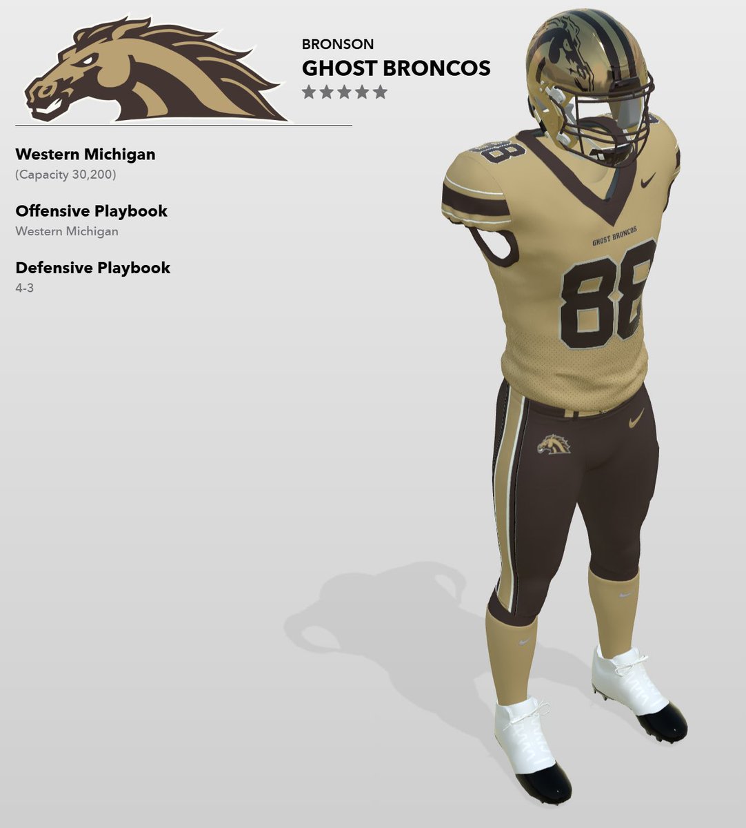 WMUGhostBronco's tweet image. Ever wonder what @WMU_Football would look like with a legit color scheme, logos and Nike threads?! Well, now you can! Look up the Bronson Ghost Broncos on EA Sports College Football 25. @RealGhostBronco is the official EA account. 

#freeghostbronco
