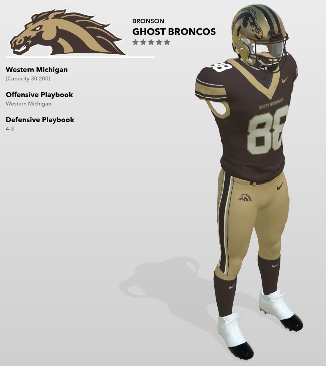 WMUGhostBronco's tweet image. Ever wonder what @WMU_Football would look like with a legit color scheme, logos and Nike threads?! Well, now you can! Look up the Bronson Ghost Broncos on EA Sports College Football 25. @RealGhostBronco is the official EA account. 

#freeghostbronco