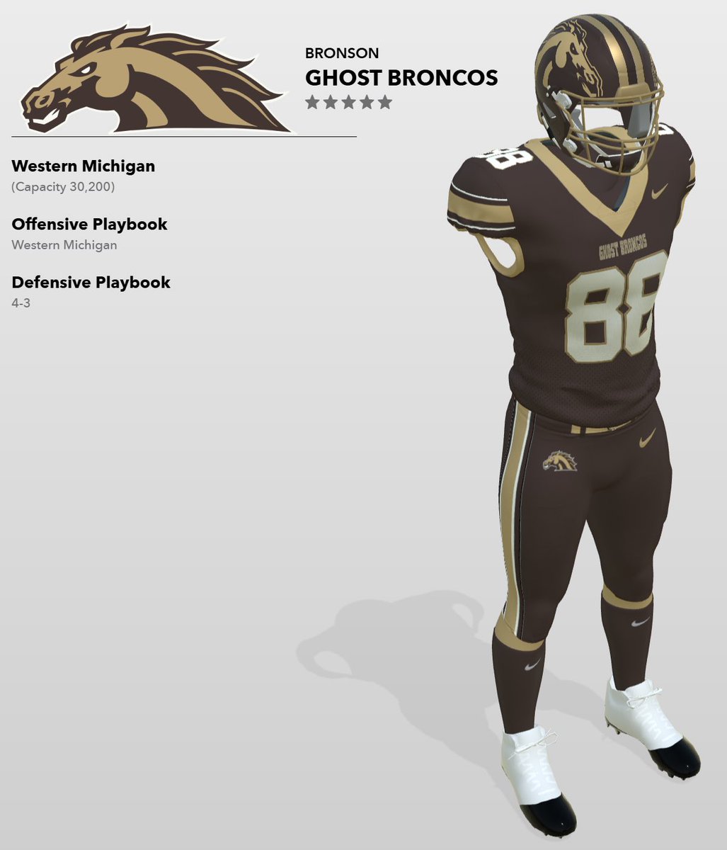 WMUGhostBronco's tweet image. Ever wonder what @WMU_Football would look like with a legit color scheme, logos and Nike threads?! Well, now you can! Look up the Bronson Ghost Broncos on EA Sports College Football 25. @RealGhostBronco is the official EA account. 

#freeghostbronco