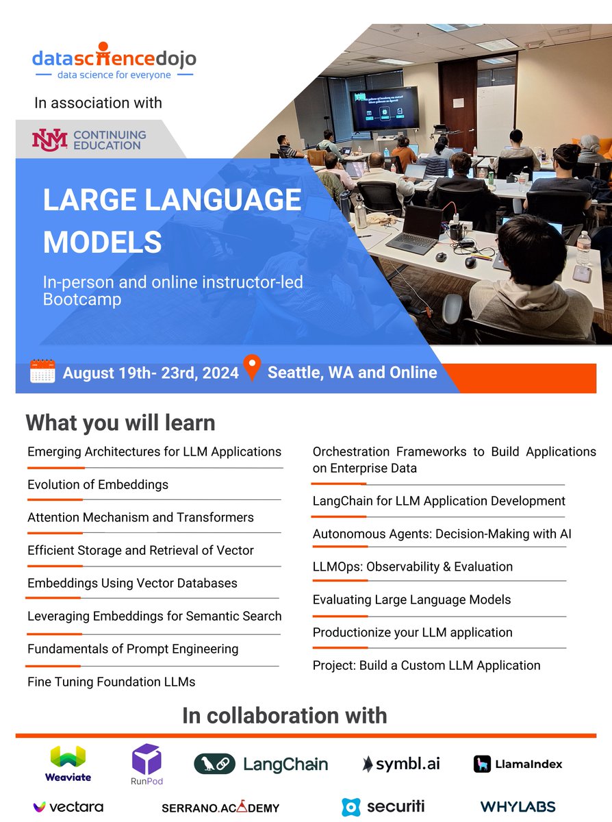 DataScienceDojo's tweet image. Interested in learning in detail about how large language models work? Join us for upcoming 5-day LLM Bootcamp (In-person and Online) 

Learn hands-on from industry leaders and build your own ChatGPT-like app ➡️ hubs.la/Q02HkBdq0

#LLMs #LargeLanguageModel #GenerativeAI