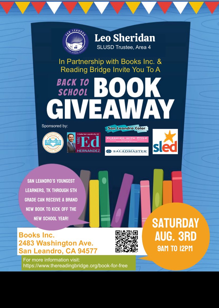Thank you <a href="/BooksIncStores/">Books Inc. 📚🌉</a> and my sponsors for partnering with me to provide #SanLeandro students with a new book for this school year! Aug 3rd
<a href="/SLUSD_News/">San Leandro USD</a>