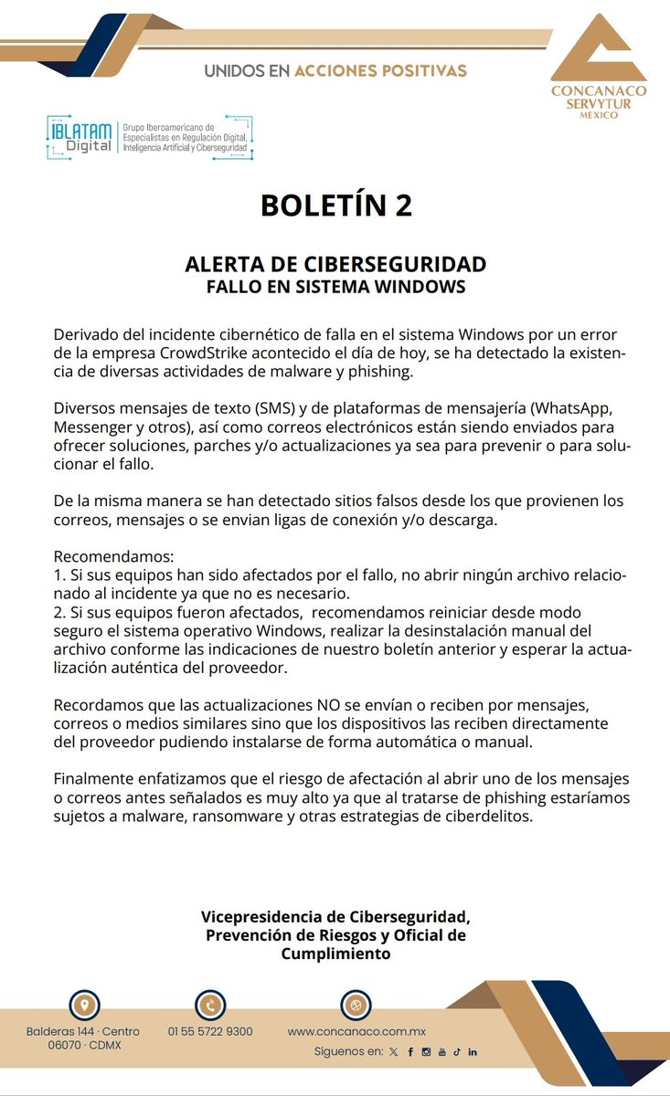 En seguimiento al incidente del fallo de Windows del día de hoy <a href="/Concanaco/">CONCANACO SERVYTUR</a> emite segundo boletín.