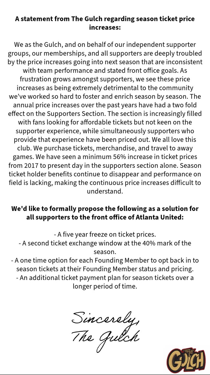The Gulch's statement on the season ticket price increases: <a href="/ATLUTD/">Atlanta United FC</a>