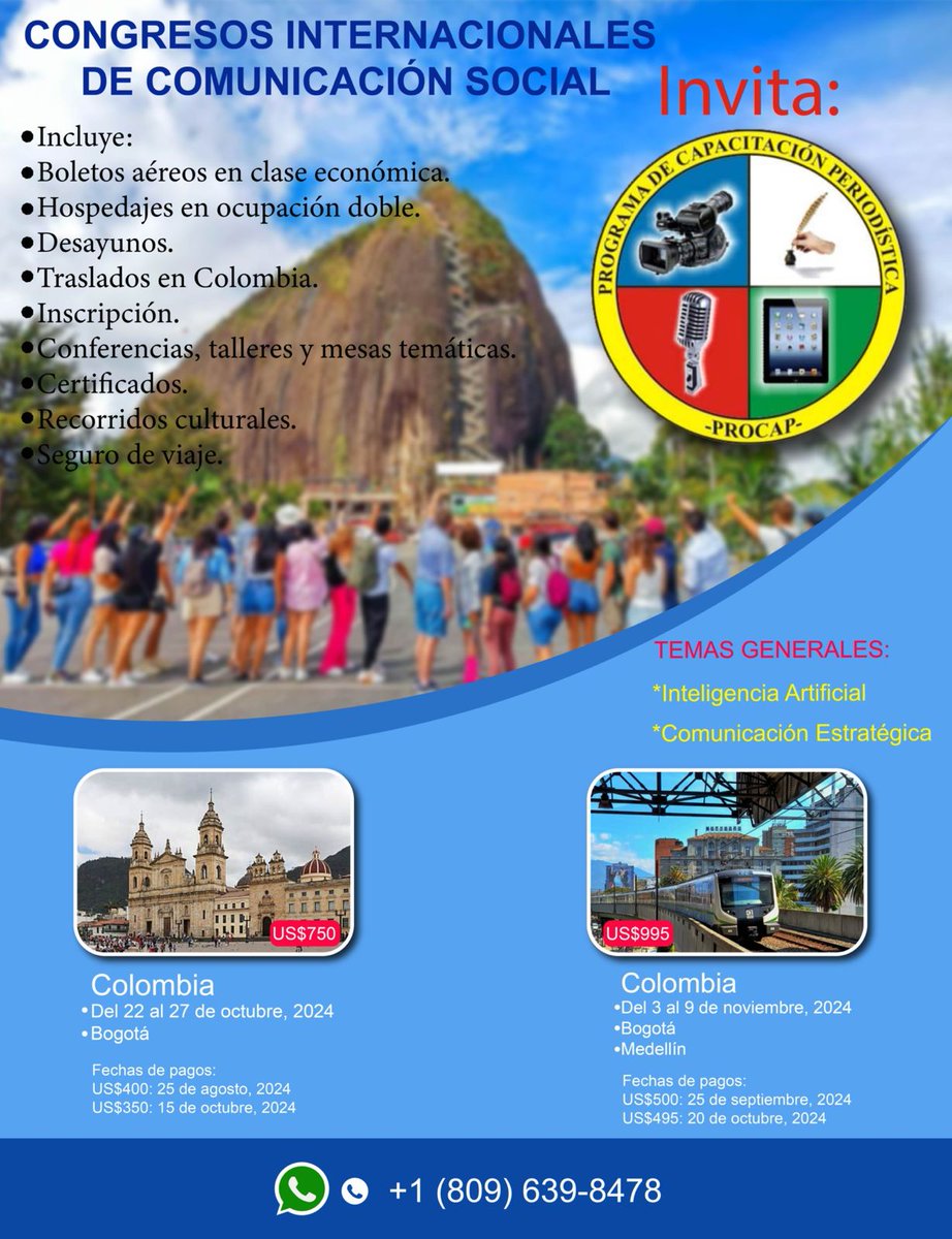 OCICRD's tweet image. El Programa de #Capacitación #Periodística (#Procap) invita a #periodistas, comunicadores, relacionistas, trabajadores de la #prensa, estudiantes y público en general de #RD a participar en #congresos internacionales de #ComunicaciónSocial en Colombia.

#Periodismo #Viajes