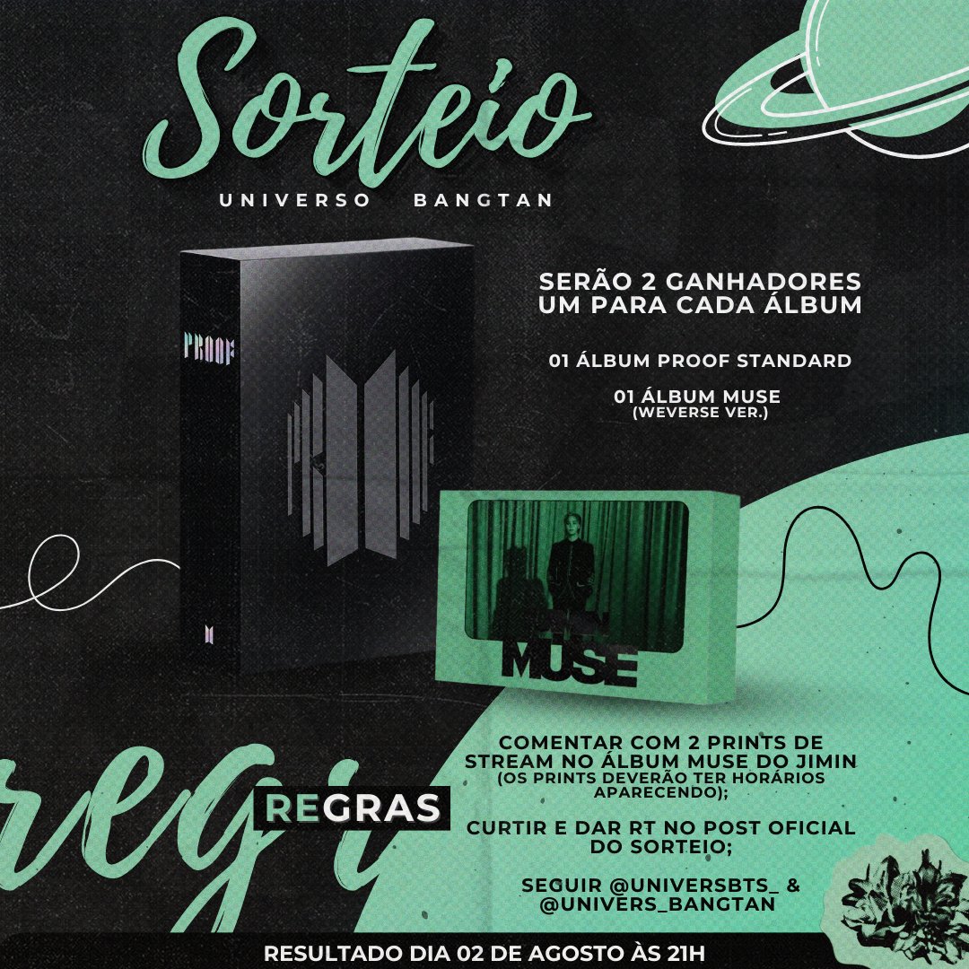 UniversBTS_'s tweet photo. 📢 Vamos de coisa boa?! ✨

ARMYs, vamos sortear 2 ÁLBUNS para incentivar vocês no lançamento de MUSE! 😉❤️‍🔥

01 MUSE (Weverse Ver)
01 PROOF Standard

REGRAS DO SORTEIO:

▪︎COMENTÁRIO COM 2 PRINTS DE STREAM EM MUSE, EM PLATAFORMAS DIFERENTES 
(Ex: 1 print do Spotify e 1 do YouTube)
▪︎CURTIR E DAR RT NESTE POST
▪︎SEGUIR @UniversBTS_ & @Univers_Bangtan 

*Leiam todos os detalhes no banner*

Número de comentários ilimitados, comente o máximo de vezes possível e aumente suas chances de ganhar! 🥰💜

⚠️ O envio do MUSE (Weverse Ver) será internacional, a fanbase não se responsabilizará por possíveis taxas e impostos que possam ocorrer na chegada ao Brasil