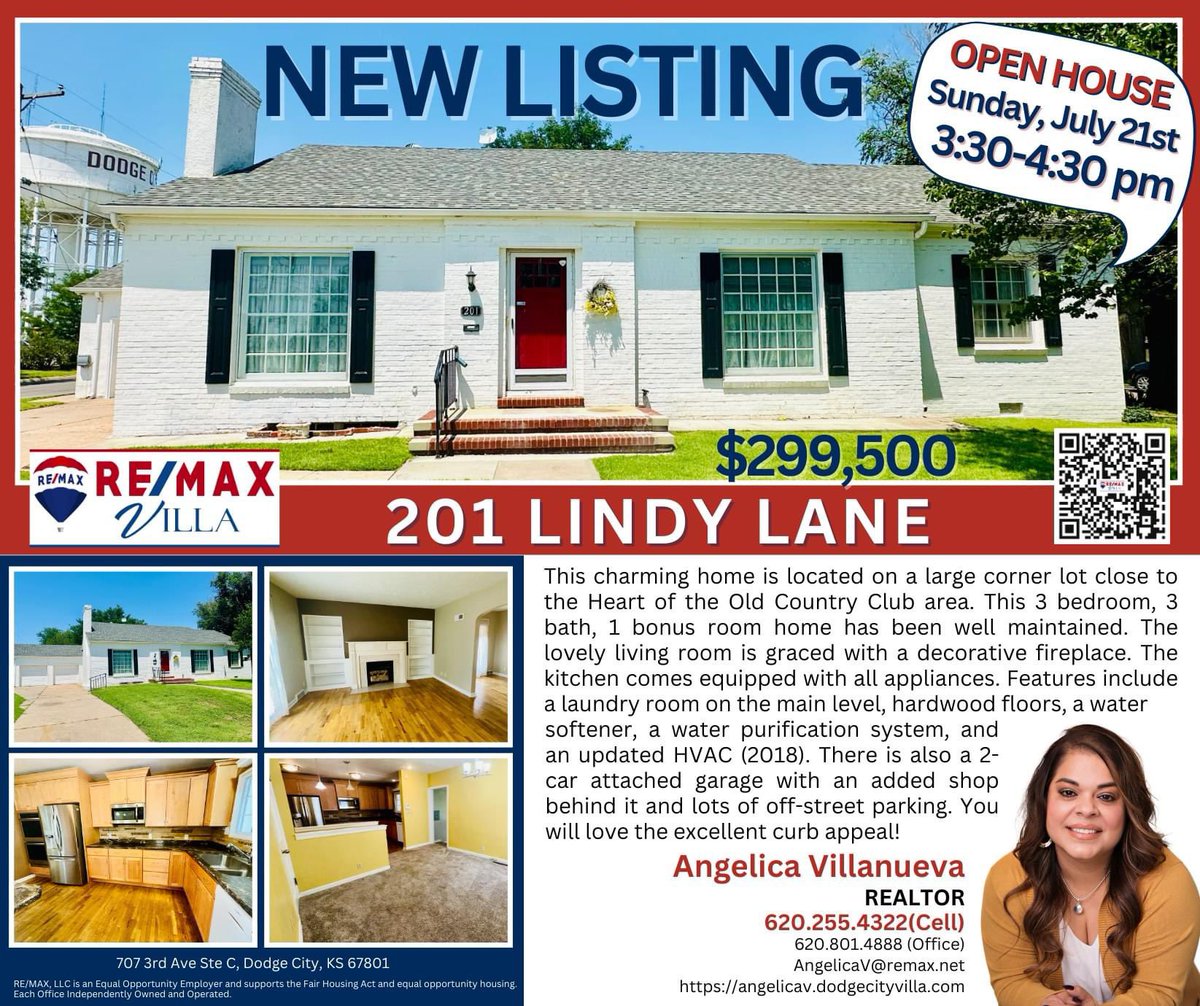 ReMaxVilla's tweet photo. NEW LISTING ~ $299,500 ~ 201 Lindy Lane, Dodge City, KS. ‼️Open House SUNDAY, July 21st from 3:30 to 4:30pm‼️  The Listing Agent is Angelica Villanueva, Realtor. Please call ☎️ or text her at 620-255-4322. #DodgeCityRealEstate #DodgeCityRealtors https://t.co/25p4NNly86