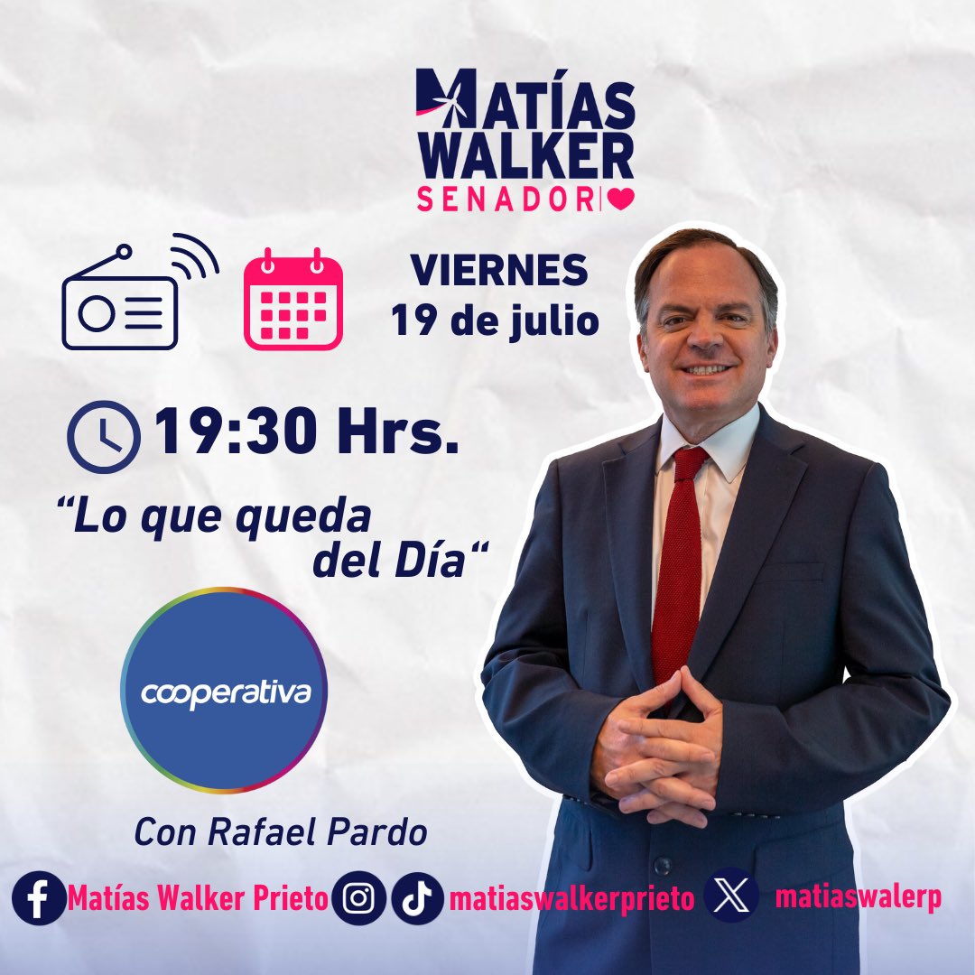 📡 Desde las 19:30 estamos en “Lo que queda del Día” con <a href="/rafadelagente/">rafael pardo</a> por <a href="/Cooperativa/">Cooperativa</a> #CooperativaContigo 
💻 m.cooperativa.cl/radioenvivo/