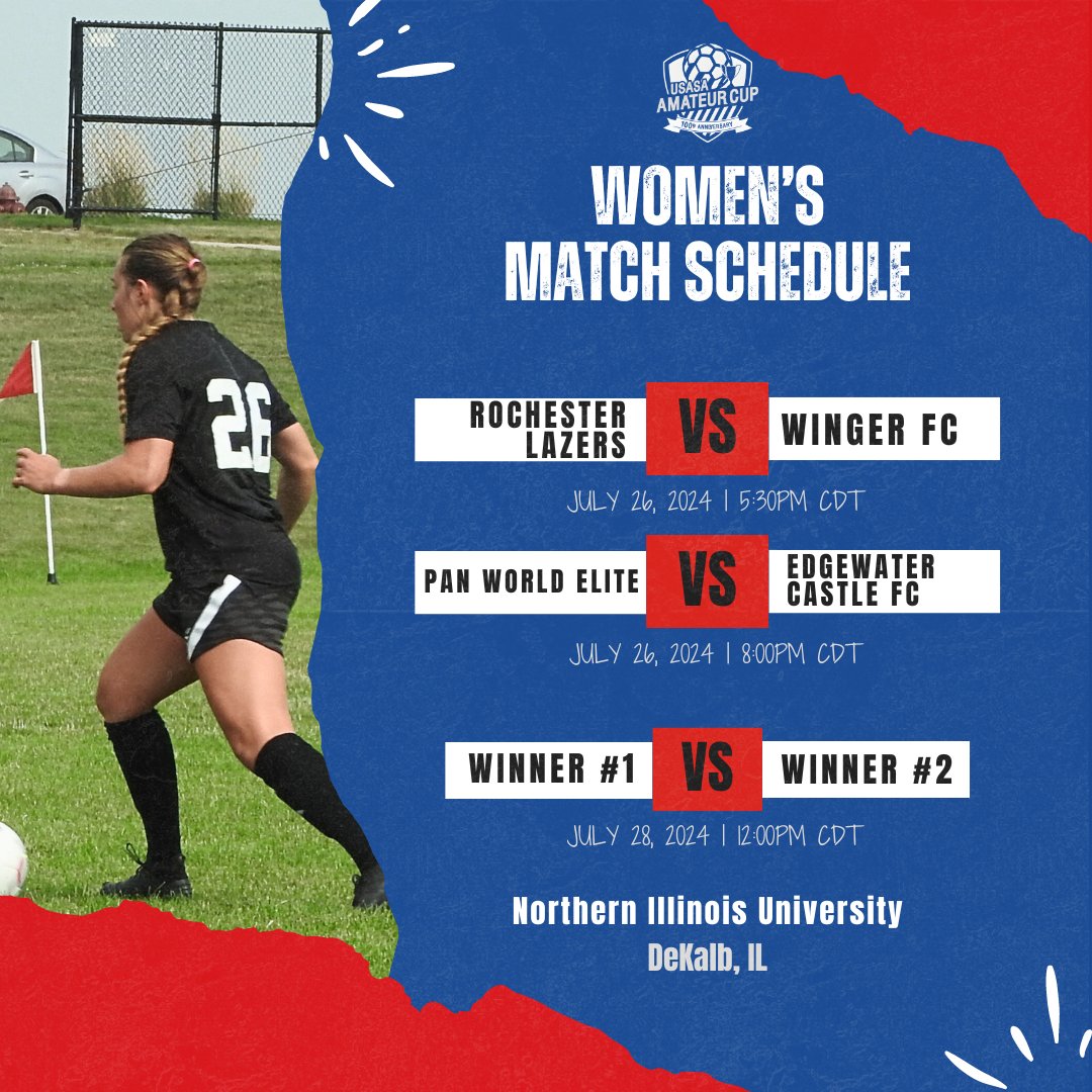 First match of #NationalAmateurCup kicks of TOMORROW!

Here's a look at this week's schedule for the men's and women's #AmateurCup🏆

Games will be streamed so stay tuned👀

#USASA #usadultsoccer #amateursoccer #usasaAmateurCup